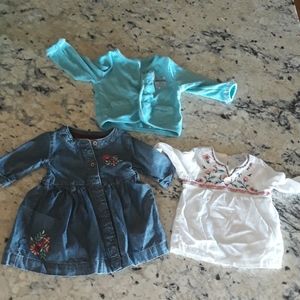 embroidered shirt, jean dress and light sweater